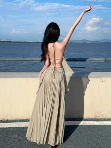 Váy Dài Đi Biển Mùa Hè Thanh Lịch Váy Dài Không Tay Cổ Treo Bằng Polyester Váy Dài Mùa Hè Thanh Lịch Cho Nữ