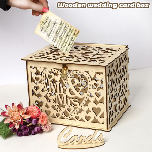 Wedding Card Box Carved Openwork Wooden Couple Money Boxes with Mr&Mrs Lock Hollow Floral Pattern Wedding Decor Party Supplies