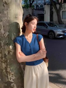 HUOLISI | Design Blue V-neck Ice Silk Blouse