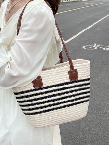 Meria Large Capacity Straw Woven Tote Bag for Women Summer 2024 New Style Casual Shoulder Bag with Fabric Lining and Double Root Strap