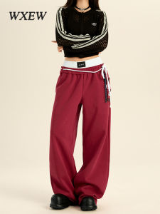 กางเกงวอร์มขาบานเอวสูงสีแดง กางเกงขายาวทรงตรงทรงหลวมสไตล์ฮิปฮอปสไตล์อเมริกันสำหรับผู้หญิง กางเกงกีฬาลำลอง