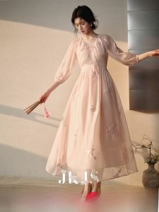 JK＆JS | Elegant New Chinese Style Beaded Embroidery Sash Long Dress Spring Summer Lightweight Luxury High Waist Bubble Sleeve V Neck