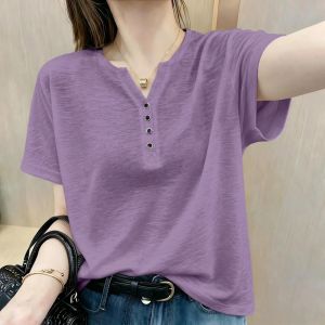 V.C.I | Purple Bamboo Cotton Plus Size V-Neck Buttoned Short Sleeve Fashion Womens Top