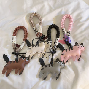 Trendy 3D Leather Cow Cat Pendant Nylon Woven Keychain Phone Case DIY Multifunction Car Key Cover Earphone Case CCD Instant Camera Accessory