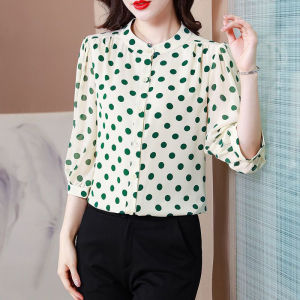 Womens Chiffon Blouse Polka Dot V-neck Large Size 3/4 Sleeve Office Wear Womens 2022 New Fashion Korean Shirt