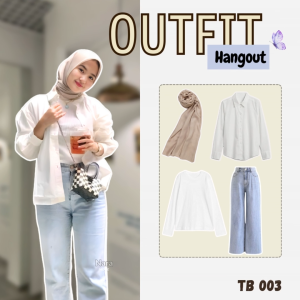 Naramode - One Set Wanita 4in1 (Kemeja Manset Loose Pant Hijab) Outfit Casual Hangout Santai Kekinian TB 003