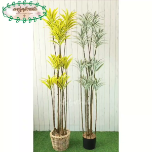 Pohon Artificial Tanaman Hias Song Of India T170 Variasi Warna Kuning & Putih Latex Cover Keranjang Rotan Hiasan Sudut Ruang Kantor Aesthetic