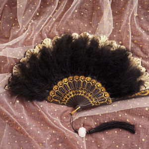 E.B.【Ready in Stock】 Feather Fan Folding Fan for Lolita Costume Accessories Dance Wedding Party Decor