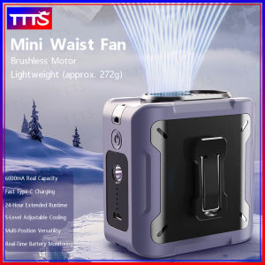 2025 Turbo Cooling Waist Fan - 6000mAh 24H Runtime 5 Wind Levels 30dB Silent Military-Grade Shockproof - Multi-Position (Waist/Neck/Handheld/Desktop) + Flashlight & SOS