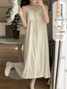 Summer Womens Sleep Dress with Chest Pad 2025 New Style Strap Woven Cotton Sweet High-End Solid Color One-Piece Nightgown