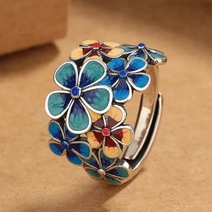 Retro Ethnic Style Flower-like Ring for Womens Glue-drop Craftsmanship Opening Niche Design Jewelry and Accessories
