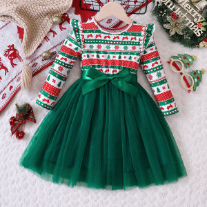 【Midnight store】 EW Childrens Clothing New Girls Autumn and Winter Christmas Mesh Long Sleeve Dress XHQ1582