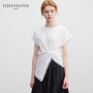 Lace Insert Regular Shoulder Short Sleeve T-Shirt