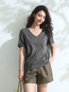 Miccbeirn | Silk Long Staple Cotton Casual Short Sleeve T-Shirt V-Neck Slimming Versatile Top Solid Color Casual Commute Inner Wear