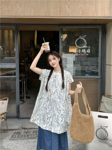 ชุดเดรสแขนสั้นสไตล์ญี่ปุ่นสำหรับผู้หญิงในฤดูร้อน ทรงหลวม แขนสั้น คอตั้ง ความยาวปานกลาง เอวสูง แฟชั่นลำลอง