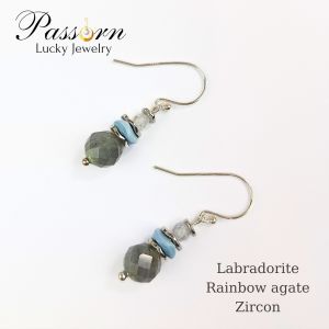 EA009 ต่างหูหินนำโชค หินมงคล ลาบราดอไรท์+เรนโบว์อาเกต+เพทาย Handmade earrings : Labradorite+Rainbow agate+Zircon