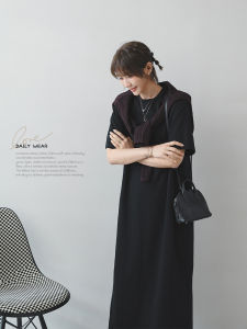 Laid-back Atmosphere Sensation Cocoon Design Slit Round-neck Slim Short Sleeve Long Dress