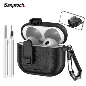 Sanptoch Compatible with AirPods 4th / Pro3 / Pro2 / 3rd Gen Leather Case For Automatic Lock with Phone Stand & Cleaning Kit For Airpods Pro / 2 / 1 Military Shockproof Full Cover with Lanyard
