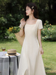 Váy Dài Eo Đầm Cổ Vuông Tay Ngắn Phong Cách Pháp