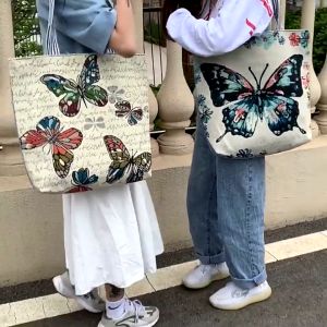 Large Butterfly Canvas Tote Bag with Zipper Ethnic Style Women Shopping Bag Travel Fashion Handbag