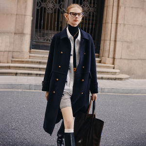 FAMANXUAN | Navy Double-sided Wool Coat for Petite Women Double-breasted