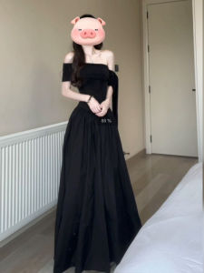 Đầm dài BINKAFENNY tay ngắn trễ vai màu đen thiết kế eo cao