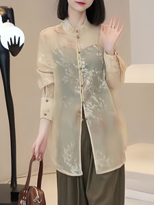 Slim Fit Chinese Style Shirt Light Thin Micro Transparent Floral Design Khaki Color Stand Collar Button up Sun Protection Womens Shirt