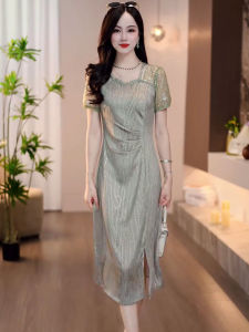 Elegant Printed Dress Womens Mid-Length Spliced High-End Ladylike Style Summer Slimming Age-Defying New 2025 Fashion