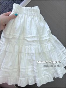 กระโปรงสั้นผ้าลูกไม้สีขาว กระโปรงทรงเค้กเอวสูง ผ้าฝ้ายระบายอากาศได้ดี ผ้าฝ้ายผสม กระโปรงสั้นผู้หญิงฤดูใบไม้ร่วง