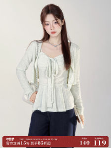 Sweet Style Womens Summer Thin Cardigan Butterfly Knot Tank Top Two-Piece Set Korean Version Creative Pattern Long Sleeve round Neck