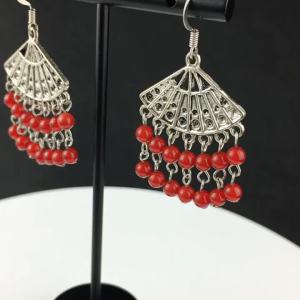 Red Agate Long Earrings Womens Ruby Birth Year Vintage Ethnic Fan Shape Dangle Jewelry Fashionable Unusual Style Accessories