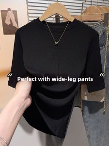 Black Round Neck Short Sleeve T-shirt Womens Summer New Style Elegant Underwear