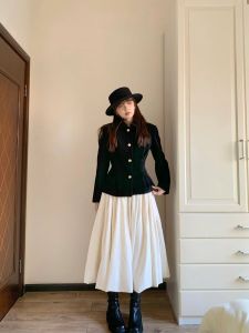 กระโปรงทรงร่มเอวสูง ทรงหลวม แขนยาว ผ้าฝ้าย ลายดอกไม้ ฤดูใบไม้ผลิและฤดูใบไม้ร่วง กระโปรงทรงร่มผู้หญิง