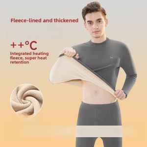 miiow | Mens Thermal Underwear Set Fleece Lined Thickened Warmth High Collar Long Sleeve Double Layer Polyester Spandex Blend Youth Size