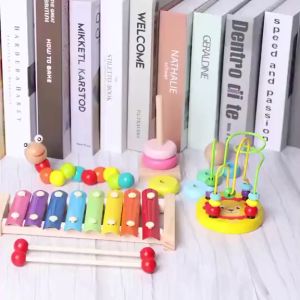 Combo 6 món đồ chơi giáo dục luồn hạt - sâu gỗ - đàn gỗ - cầu vồng - thả hình 4 trụ - đồng hồ xâu hạt