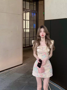 French Style Square Collar Heavy Embroidery Short Sleeve Womens Dress Summer Butterfly Knot Waist Cinch Bodycon Skirt