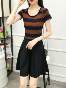 Slim Fit Striped Dress Short Sleeve High Waist Korean Style Summer Fashionable Womens Dress Cotton Blend Midi Skirt