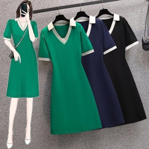 Slim Fit Polo Collar A-Line Midi Dress Short Sleeve Waist-Cinching Korean Style Womens Summer Fashion plus Size Dress