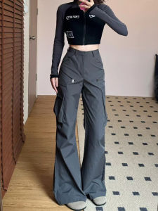 Deep Grey American Style Work Pants Womens Summer New Large Size Fat MM High Waist Loose Slim Wide Leg Sports Casual Pants