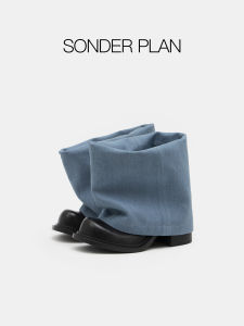 Sonder Plan Cowhide Leather High Heel Short Boots Denim Tube Boots Casual Style round Toe Chunky Heel Four Seasons Universal