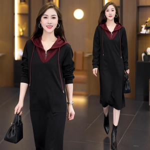 Plus Size Fake Two Pieces Mid-Length Dress Womens Hooded Spring & Fall New Arrival Plus Size Ladies Belly Covering Hip Loose Patchwork Sweatshirt Dress