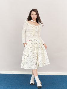 กระโปรงทรงเอผ้าฝ้ายผสมลายจุดสีขาวสีแดง Bambu สำหรับผู้หญิง กระโปรงยาวปานกลาง ทรงเข้ารูป ทรงเอ ทรงเข้ารูป