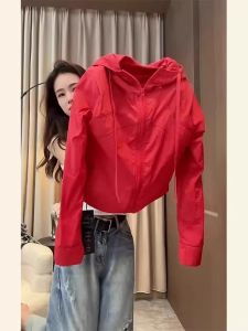 Dopamine Red Lightweight Hooded Sun-Protective Womens Outerwear