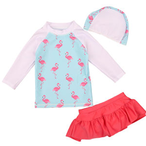 Swimming Suit for Kids Girls Two Pieces Swimwear for Children Girls Swimming Wear with Swim Cap Rash Gaurd for Baby White and Pink or Light Blue Patchwork with Flamingos Pattern