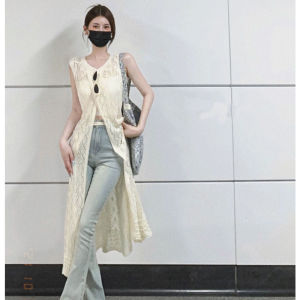 Korean Style Knitted Hooked Flower Vest Dress Womens Summer New Outerwear Overlap Hollow out Mid-Length Skirt Dress