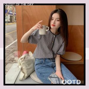 Wulove สินค้าเข้าใหม่ 🆕🚨 เสื้อแฟชั่นฤดูร้อน 2023 เสื้อผ้าแฟชั่นสำหรับผู้หญิงเสื้อคอกลมแขนสั้น เสื้อคอกลมแขนสั้นทรงหลวมลายสก๊อตกระดุมห