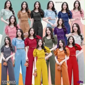 TW15117 Set 2 ชิ้น เสื้อแขนพอง อกจับจีบผูกโบว์ + กางเกงขายาว