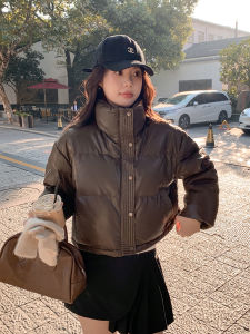 American PU Leather Disposable down Jacket Womens Short 2024 New Arrival Small Stand Collar Leather Surface White Duck down Coat