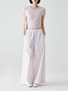 Breathable Cotton Striped Loose Straight Ninth Pants