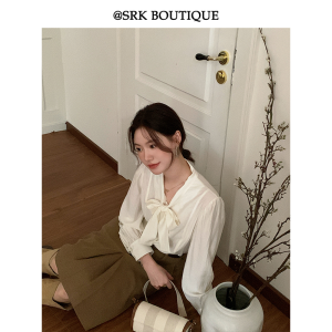Áo Sơ Mi Cotton SRK Classic French Butterfly Knot Binding Loose Long Sleeve Slimming Commute Peach New Style Womens Shirt
